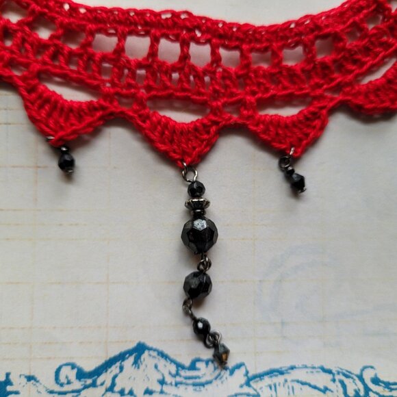 Repurposed Vintage Jewelry on Hand Crafted Crochet Boho / Goth Choker Necklace - Picture 3 of 4